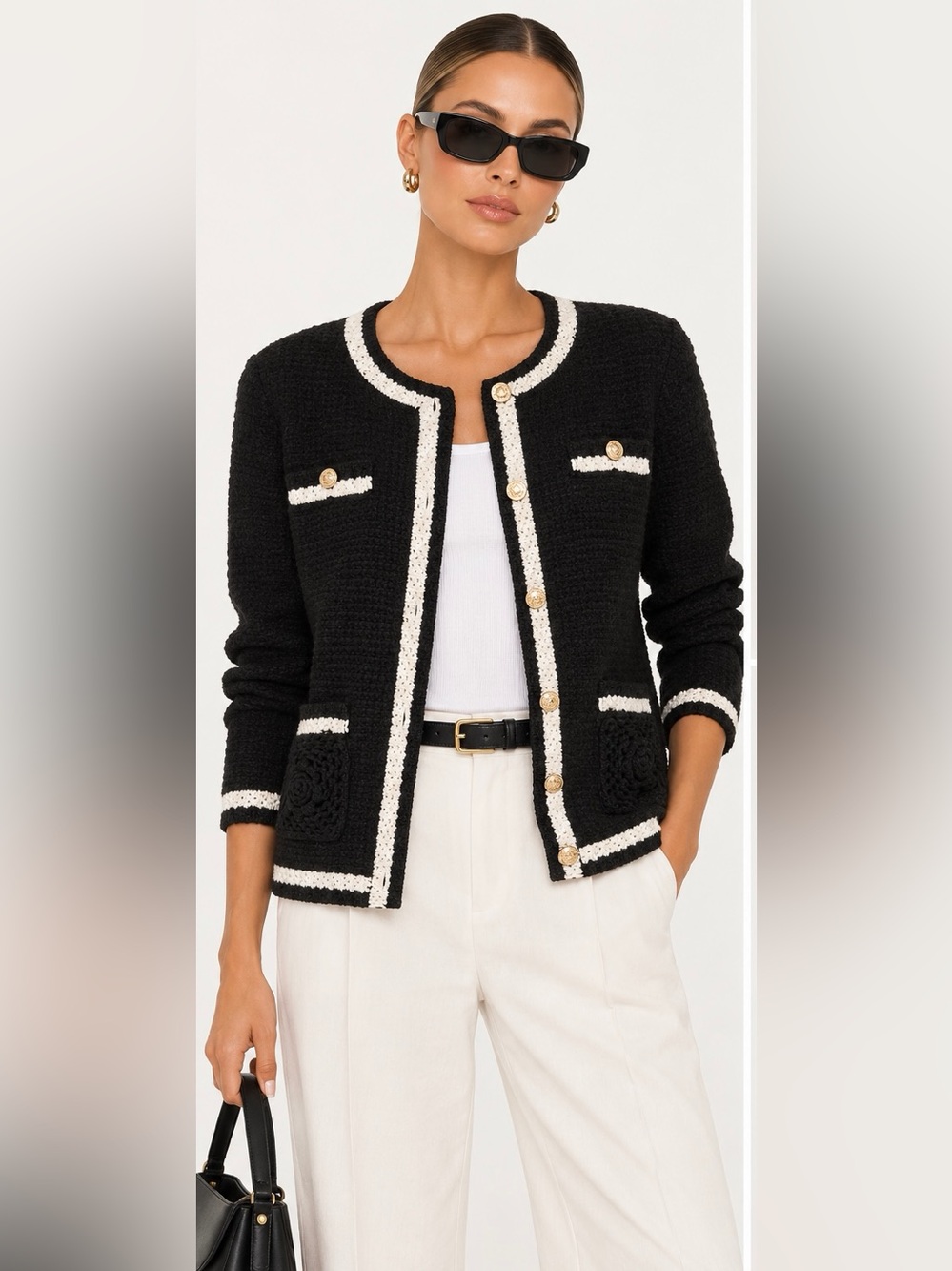 Classic Black Bouclé Button-Front Jacket with Cream Trim